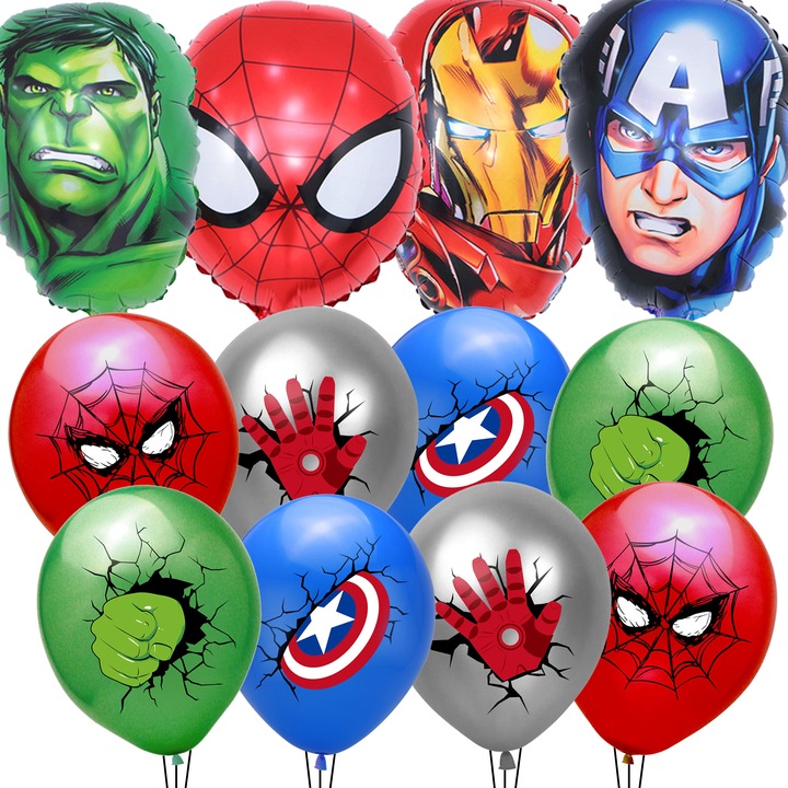 Set 12 Baloane Supereroi, 8 Baloane Latex, 4 Baloane Folie, 30x43cm, pentru petreceri copii