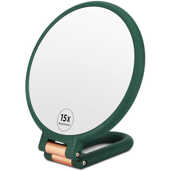 Oglinda cosmetica portabila, dubla fata, 15x/1x, manere ajustabil 360°, verde, 14cm