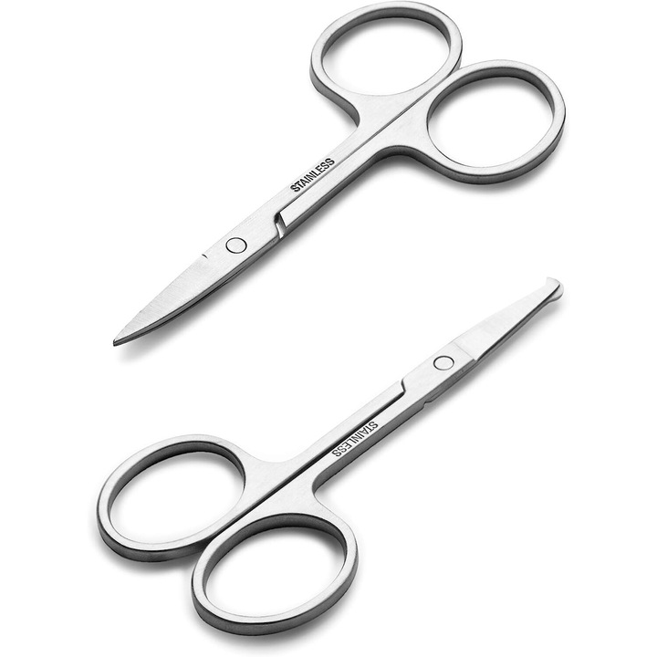 Set 2 Foarfece de Tuns Crrkty, Inox, Argintiu, 9cm, pentru Barba, Sprancene, Mustata, Urechi