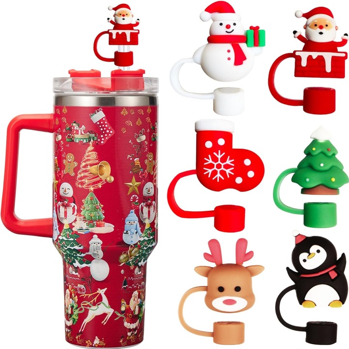 Set 6 Capace pentru Paie, Decor Craciun, Silicon, Multicolor, 4cm