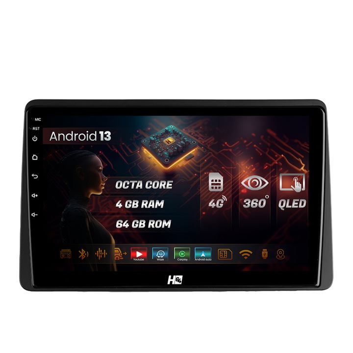 Navigatie HUB64 Dacia Duster (2018-2021), 4GB RAM, Android 13, Octacore, Slot Sim 4G, DSP, GPS, Wi-FI, Carplay, Android Auto, USB, Bluetooth, Waze, Touchscreen, 10.1 Inch V2