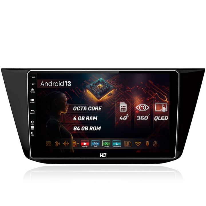 Navigatie HUB64 Volkswagen Tiguan (2016, ), 4GB RAM, Android 13, Octacore, Slot Sim 4G, DSP, GPS, Wi-FI, Carplay, Android Auto, USB, Bluetooth, Waze, Touchscreen, 10.1 Inch V2