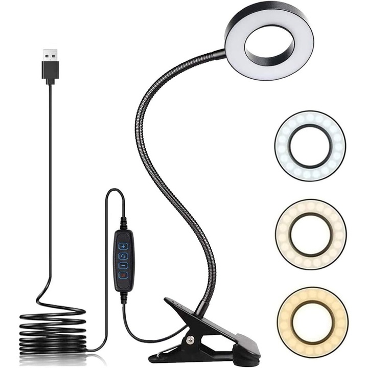 Lampa de birou cu LED, clipabila, 3 moduri de iluminare, 10 niveluri de luminozitate, protectie oculara, negru, 150cm