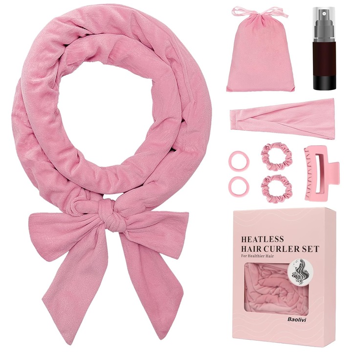 Bentita pentru bucle fara caldura, set complet, material catifelat, roz, 180cm