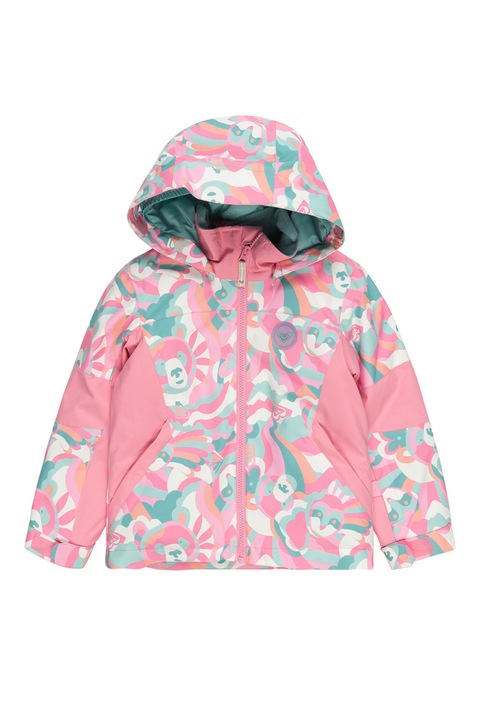 ROXY, Geaca cu model si gluga, pentru schi, Roz pastel/Verde aquamarin/Alb murdar