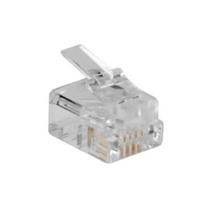 Conector modular RJ11 (6P/4C) pentru cablu rotund, ACT, transparent, 248481