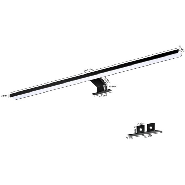 LED fali lámpa tükörhöz, 60cm, meleg fény 3000K, fekete, IP44, 8W, E energiahatékonysági osztály