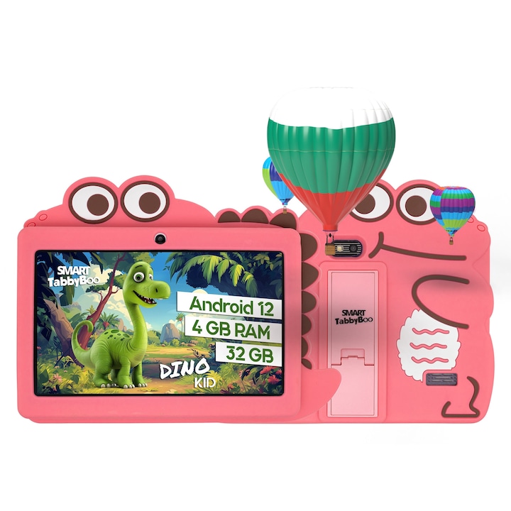 Детски таблет SMART TabbyBoo Dino KID 32GB, 4GB RAM, Android 12, Wi-Fi, 7" IPS екран, игри и образователни дейности за деца - Розово