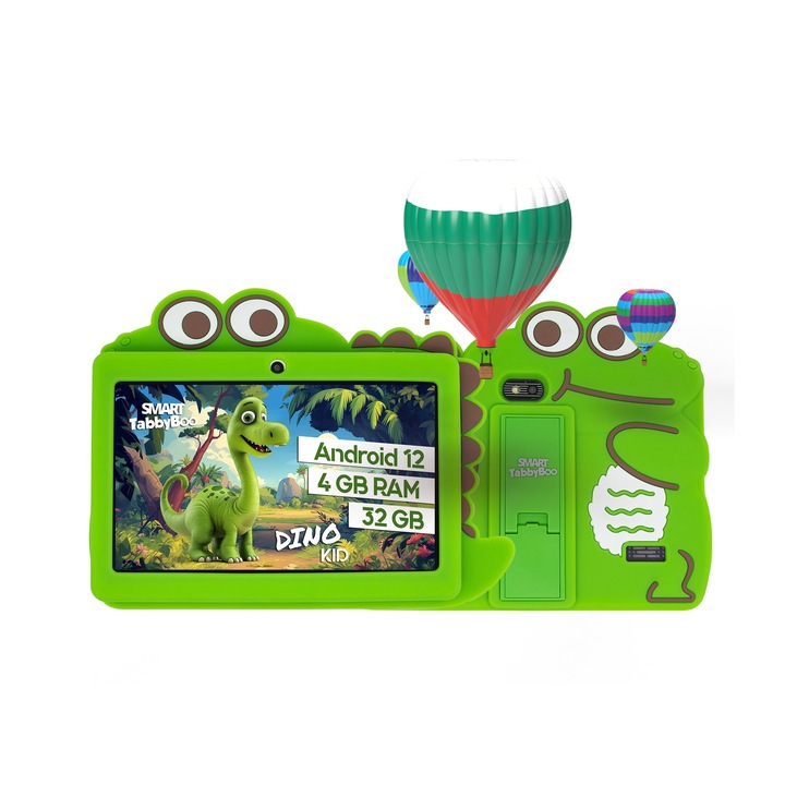 Детски таблет SMART TabbyBoo Dino KID 32GB, 4GB RAM, Android 12, Wi-Fi, 7" IPS екран, игри и образователни дейности за деца - Зелено