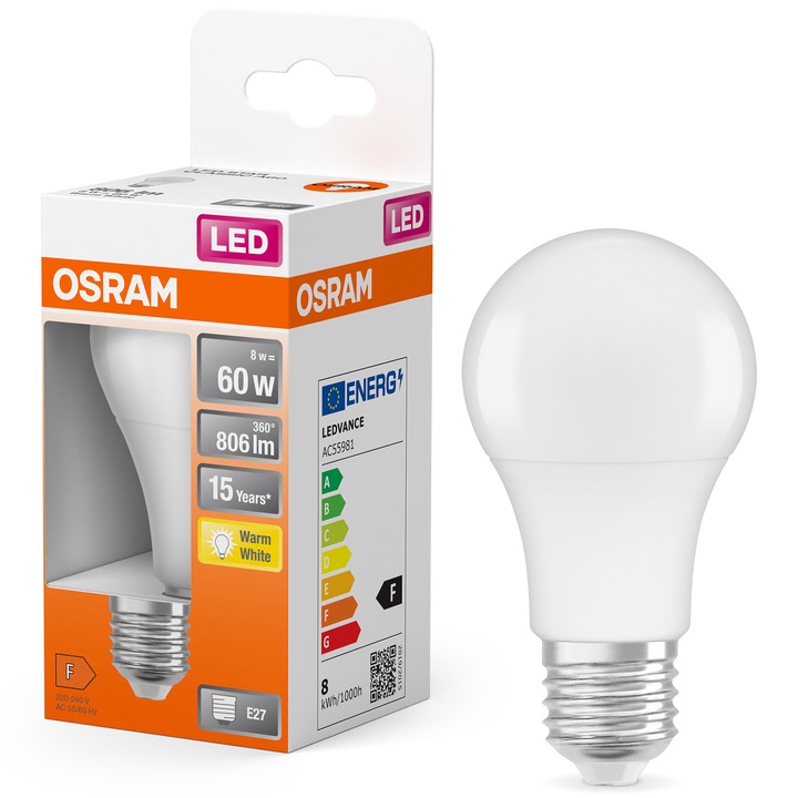 Крушка OSRAM LED Star, A60, E27, 8W (60W), 806 лумена, Топла светлина (2700K), Енергиен клас F