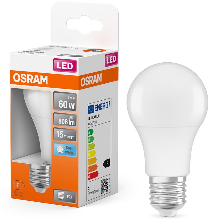 Крушка OSRAM LED Star, A60, E27, 8W (60W), 806 лумена, Неутрална светлина (4000K), Енергиен клас F