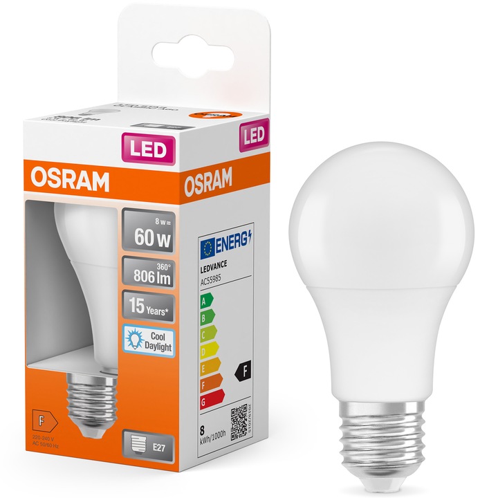 Крушка OSRAM LED Star, A60, E27, 8W (60W), 806 лумена, Студена светлина (6500K), Енергиен клас F