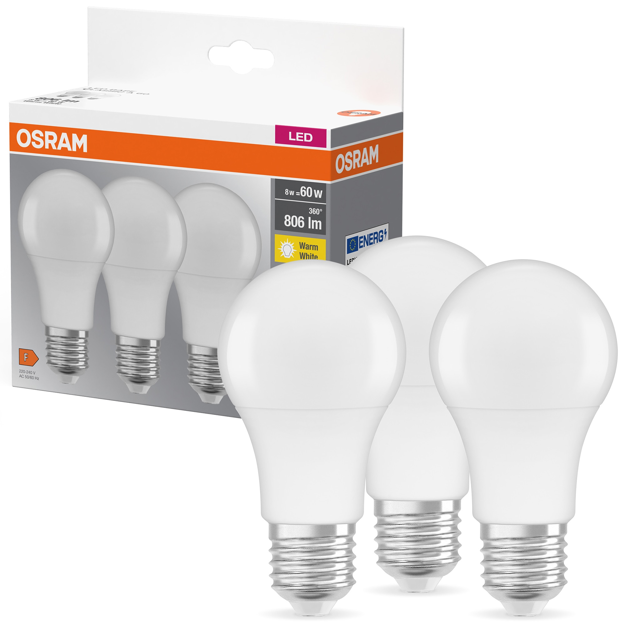 Set 3 becuri OSRAM LED Base, A60, E27, 8W (60W), 806 lm, lumina calda (2700K), clasa energetica F