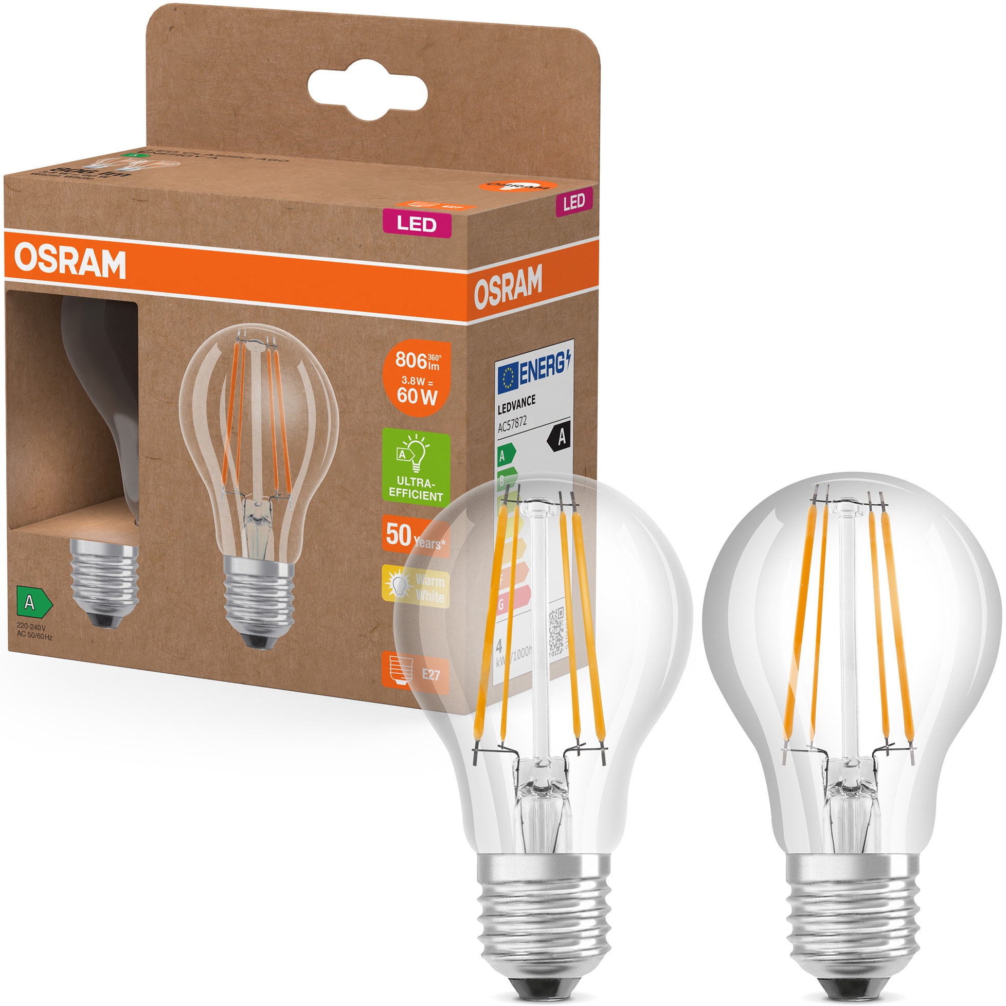 Set 2 becuri LED OSRAM filament, A60, E27, 3.8W (60W), 806 lumeni, lumina calda (2700K), clasa energetica A