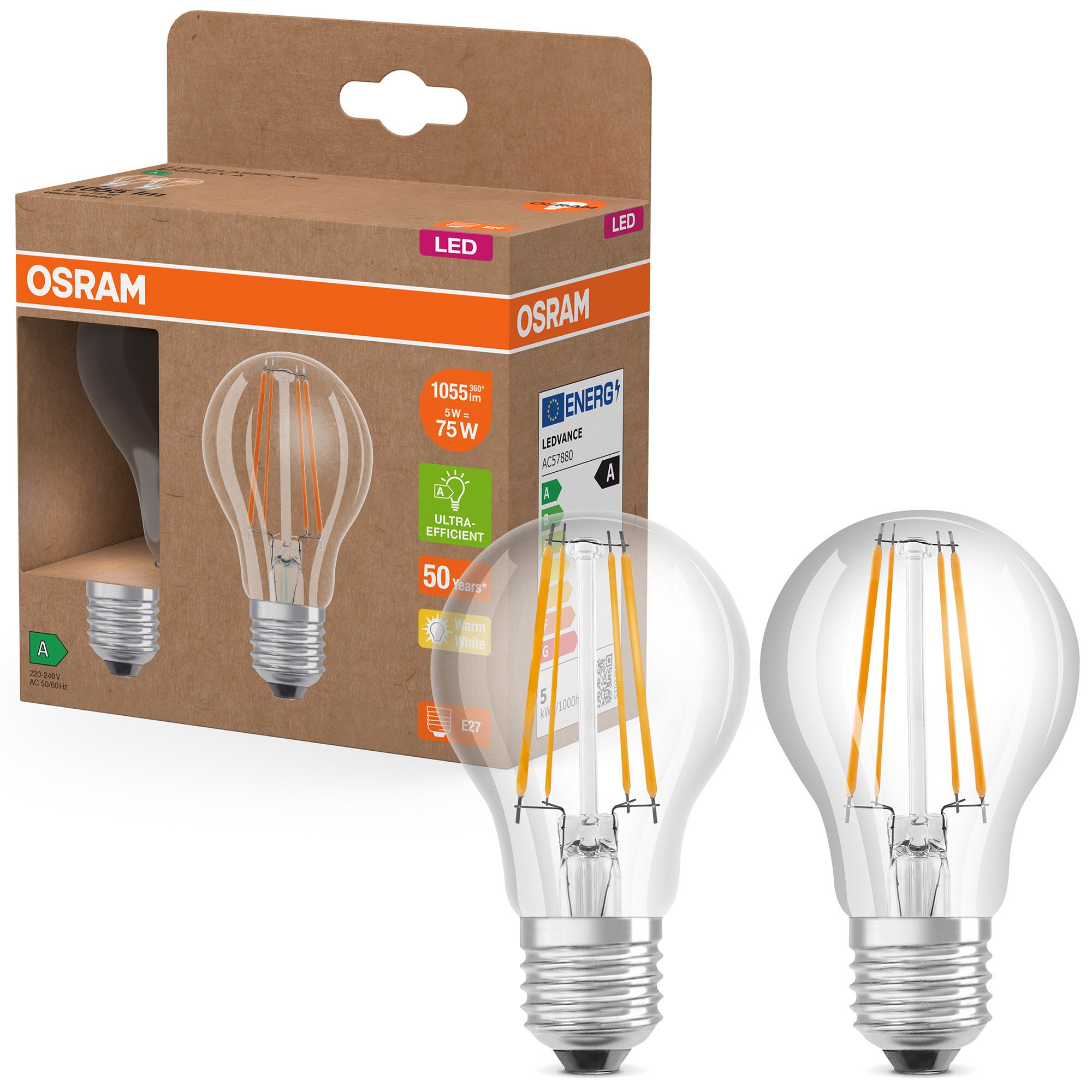 Set 2 becuri LED OSRAM filament, A75, E27, 5W (75W), 1055 lumeni, lumina calda (2700K), clasa energetica A