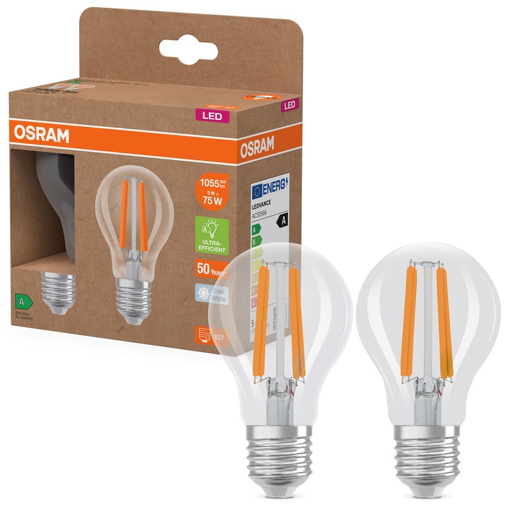 Комплект от 2 крушки LED OSRAM filament, A75, E27, 5W (75W), 1055 лумена, Неутрална светлина (4000K), Енергиен клас А