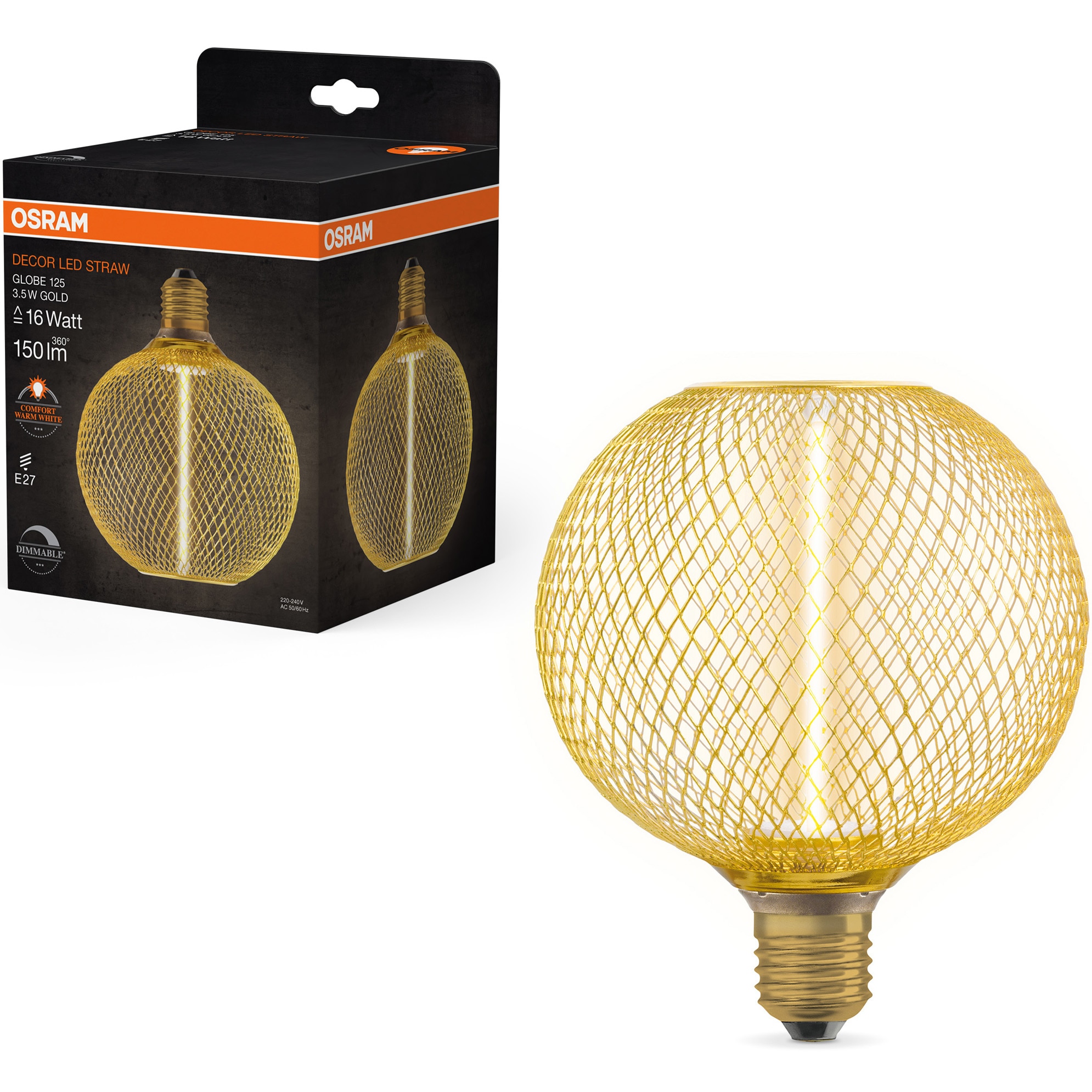 Bec LED decorativ OSRAM, cu abajur auriu, forma glob, dimabil, E27, 3.5W (16W), 150 lm, lumina calda (1800K)