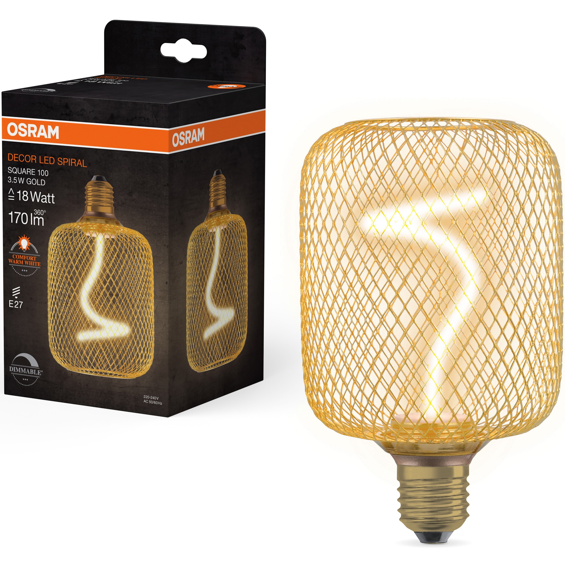 Bec LED decorativ OSRAM, cu abajur auriu, forma square, filament spiralat, dimabil, E27, 3.5W (18W), 170 lm, lumina calda (1800K)