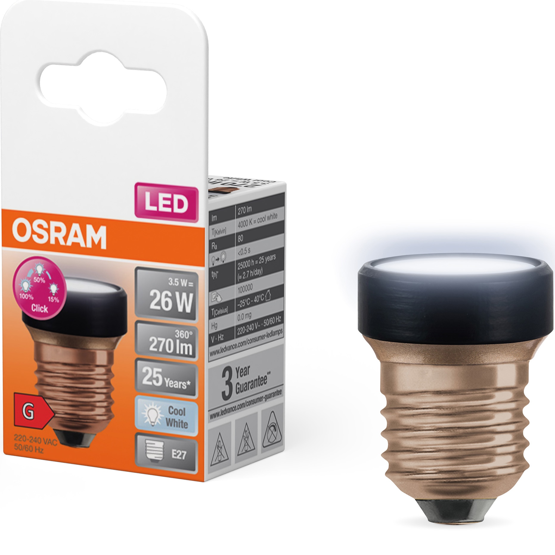 Bec LED OSRAM decorativ, E27, 3.5W (26W), 270 lm, lumina neutra (4000K), dimare in 3 pasi, clasa energetica G