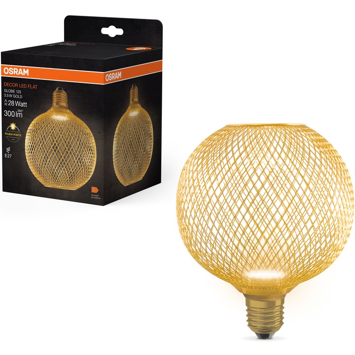 Bec LED decorativ OSRAM cu abajur auriu, forma glob, G125, E27, 3.5W (28W), 300 lm, lumina calda (2700K), clasa energetica F
