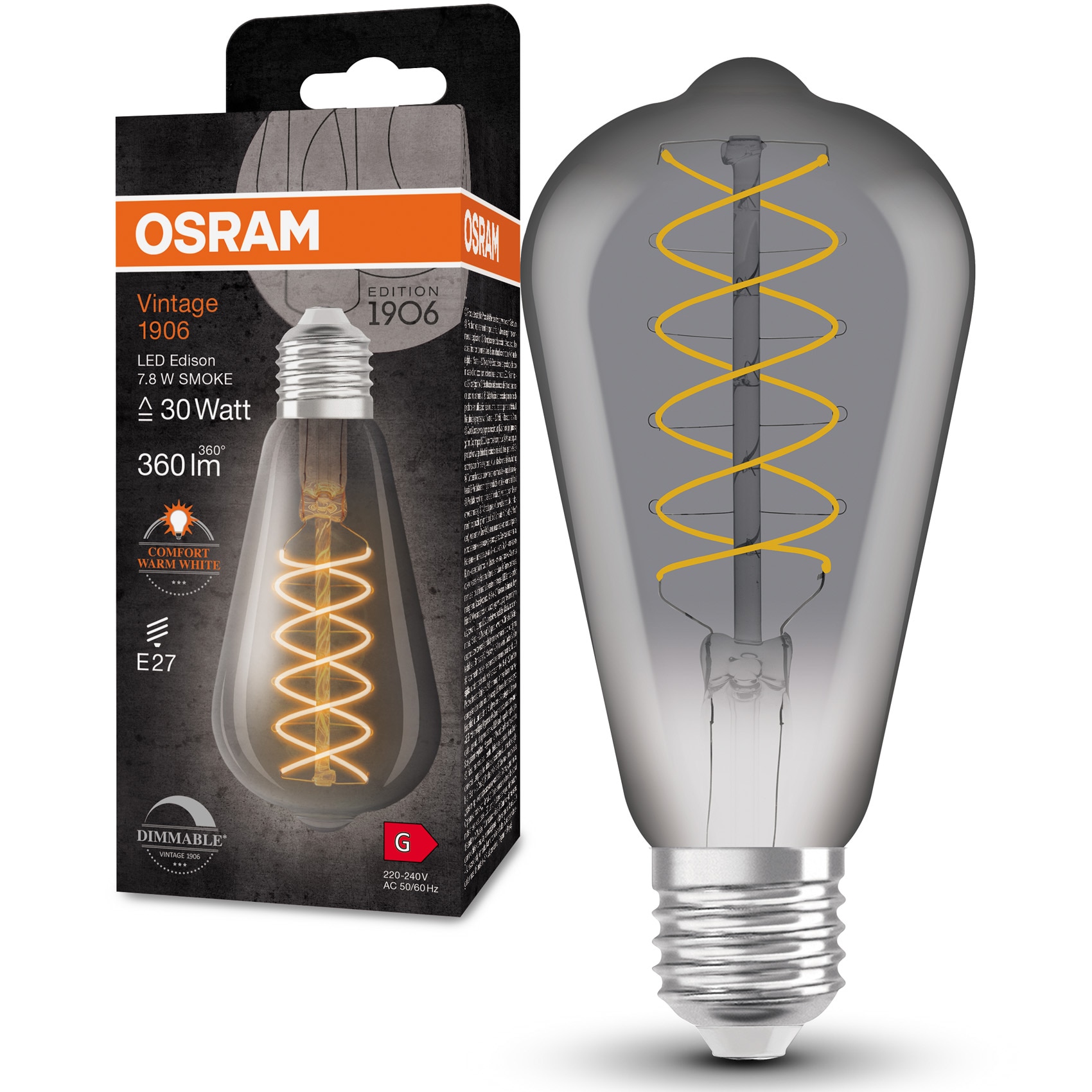 Bec LED decorativ OSRAM Vintage 1906 Smoke, E27, 7.8W (30W), 360 lm, lumina calda (1800K), dimabil, filament spiralat, clasa energetica G