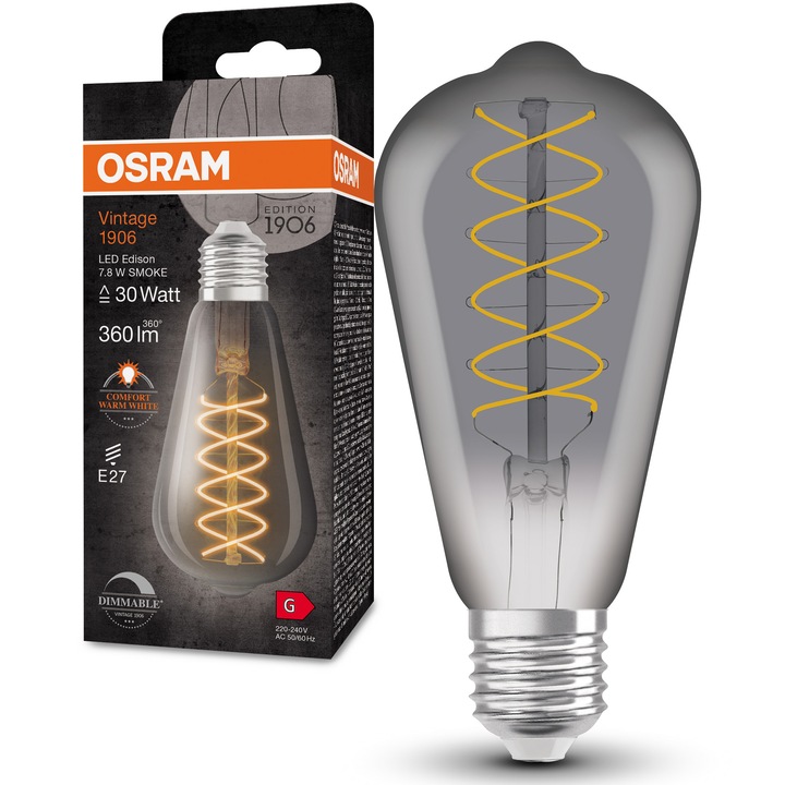 Декоративна крушка LED OSRAM Vintage 1906 Smoke, E27, 7.8W (30W), 360 лумена, Топла светлина (1800K), Димируема, Спираловидна нишка, Енергиен клас G