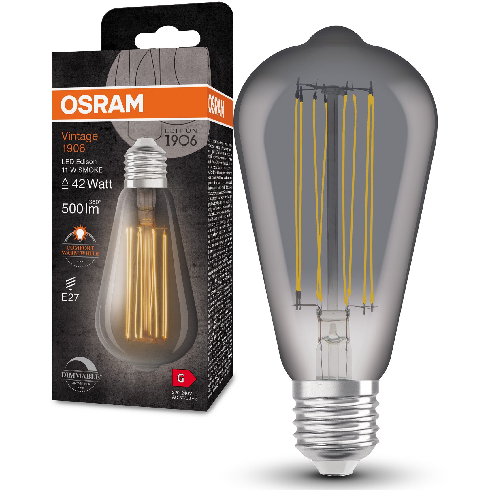 Bec LED decorativ OSRAM Vintage 1906 Smoke, E27, 11W (42W), 500 lm, lumina calda (1800K), dimabil, filament liniar, clasa energetica G
