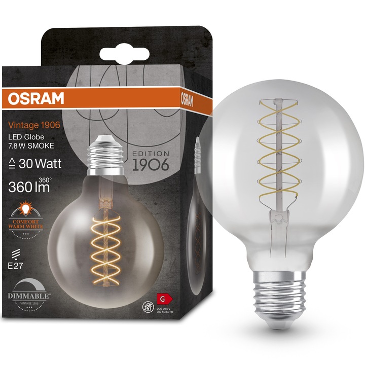 OSRAM Vintage 1906 Smoke Dekoratív LED izzó , G95, E27, 7,8W (30W), 360 lm, meleg fény (1800K), szabályozható, spirálszálas, G energiaosztály