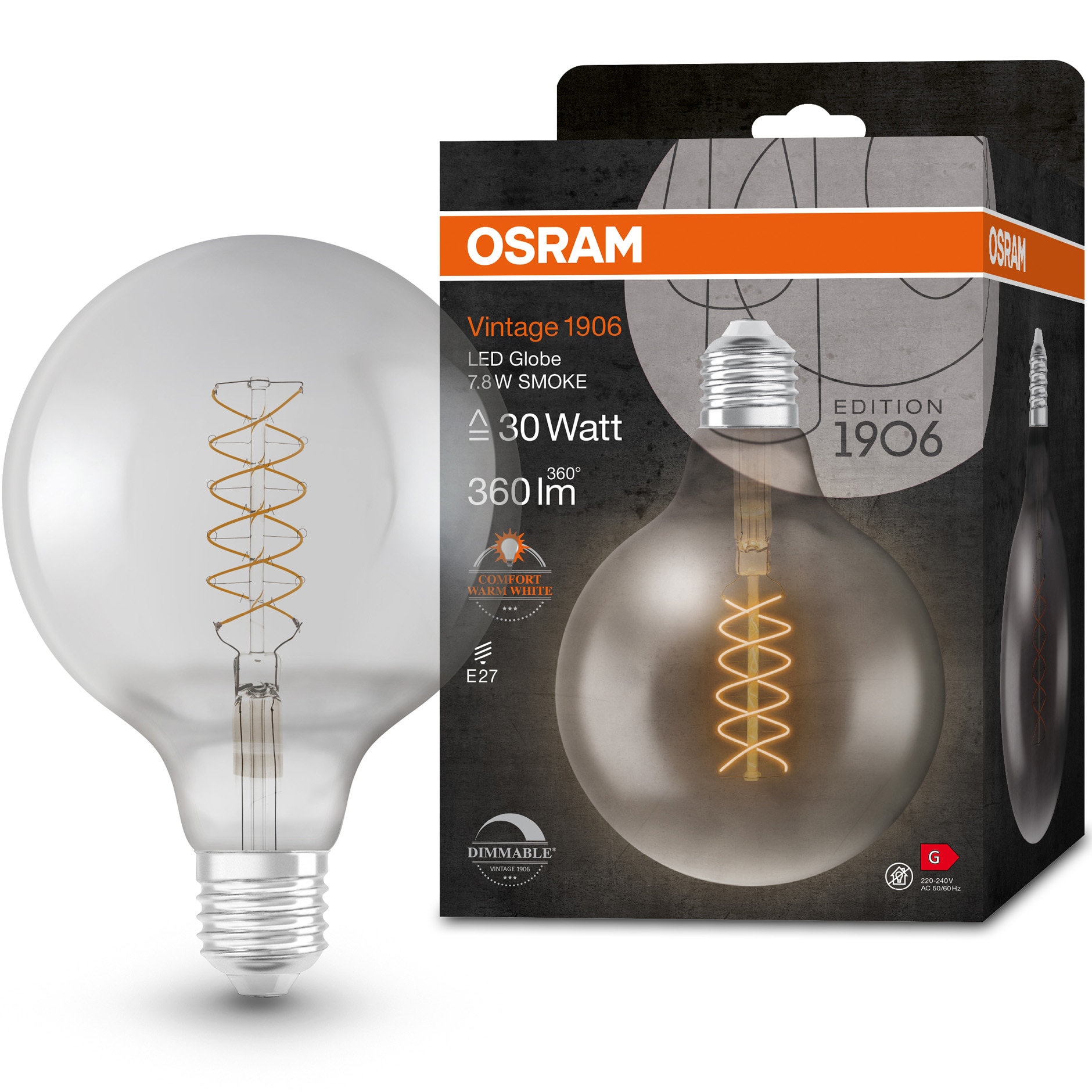 Bec LED decorativ OSRAM Vintage 1906 Smoke, G125, E27, 7.8W (30W), 360 lm, lumina calda (1800K), dimabil, filament spiralat, clasa energetica G