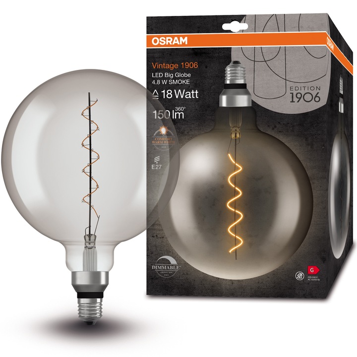Декоративна крушка LED OSRAM Vintage 1906 Smoke Big Globe, G200, E27, 4.8W (18W), 150 лумена, Топла светлина (1800K), Димируема, Спираловидна нишка, Енергиен клас G