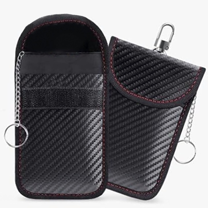 Set 2 Husa pentru chei auto, Fibra carbon, Pentru masini cu sistem Keyless Go, 11,5 x 8 cm, LEIISVK, Negru