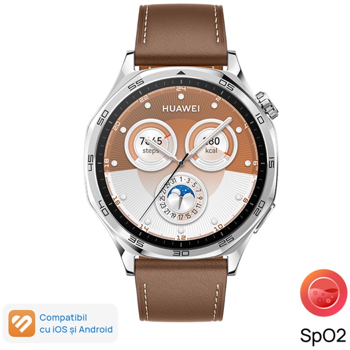 Смарт часовник Huawei Watch GT 5, 46mm, Tarnish Stainless Steel Case, Brown Composite Leather Strap