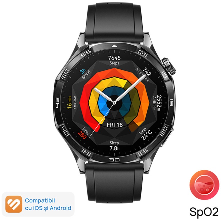 Смарт часовник Huawei Watch GT 5, 46mm, Deep Tarnish Stainless Steel Case, Black Fluoroelastomer Strap