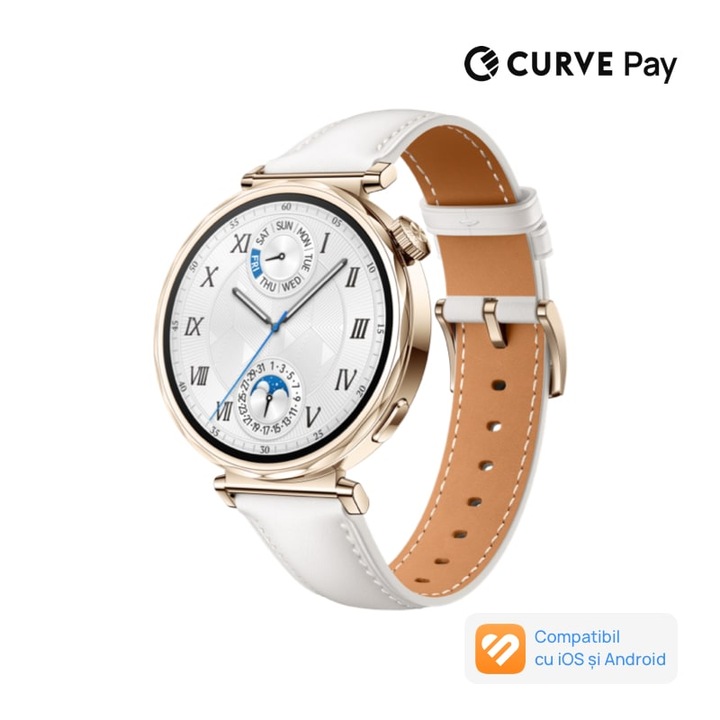 Smartwatch Huawei Watch GT 5, 41MM, Pale Gold Stainless Steel Case, White Composite Leather Strap