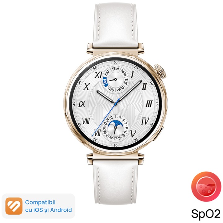 Смарт часовник Huawei Watch GT 5, 41mm, Pale Gold Stainless Steel Case, White Composite Leather Strap