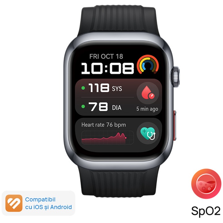 Смарт часовник Huawei Watch D2, Black aluminum alloy Case, Black Fluoroelastomer Strap