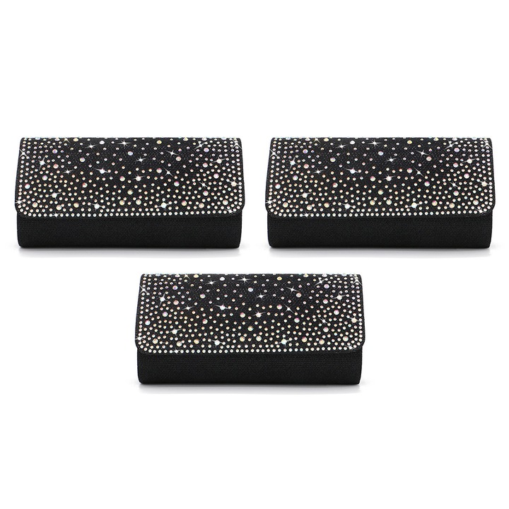 Kristályos estélyi táska, Jormftte, fekete, méretei 20x10x6cm, mágneses zárral, levehető lánccal.