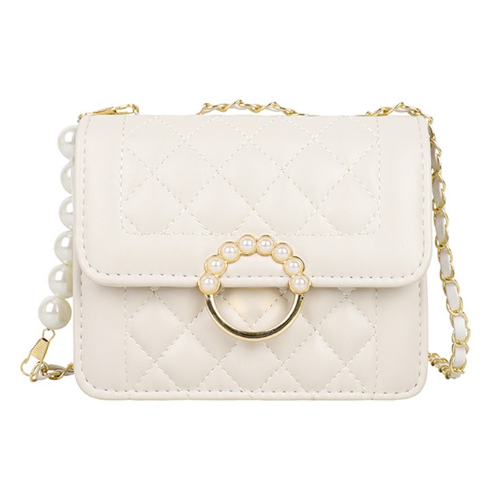 Jormftte női táska, gyöngyláncos modell, fehér, 19x19x16cm, 1 táskával szettben