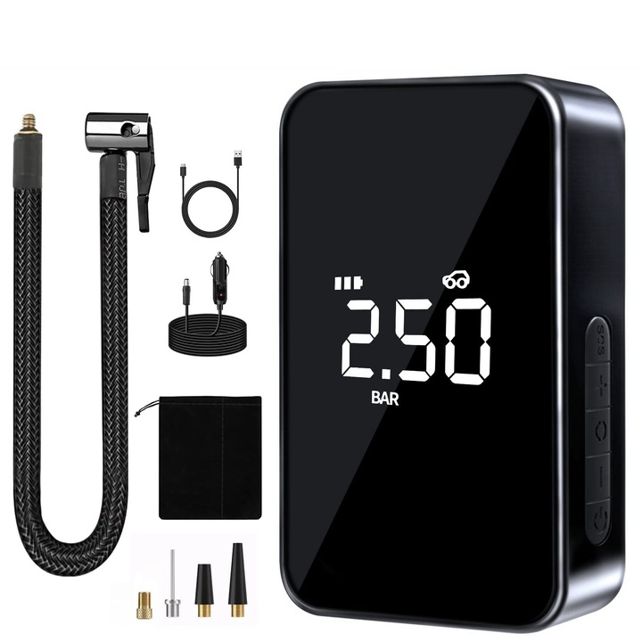 Compresor auto portabil, Automobile, Motociclete, Biciclete, Minge, 6000mAh, 140 PSI, 25 l/min, LED, USB Type-C, PowerBank, Iluminare, Negru