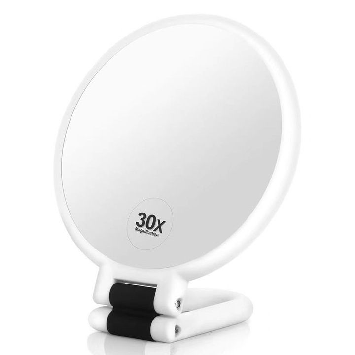 Oglinda cosmetica portabila cu marire 30X, oglinda dubla fata, manere ajustabile 360°, set cu penseta de precizie, alb, 14x14cm