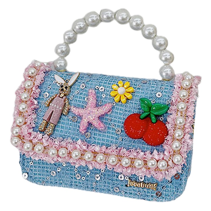 Jormftte keresztpántos táska kislányoknak, gyöngyvirág mintával, kék, speciális méretek állítható pánttal