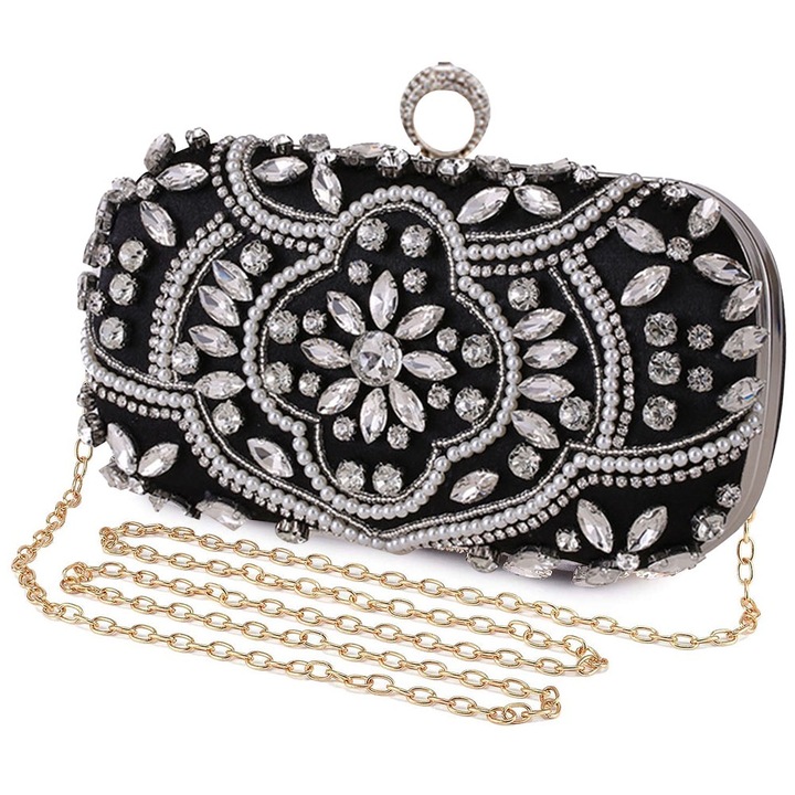 Geanta dama tip plic de seara QttvbTna, satin cu strasuri, negru/argintiu/auriu, 19x10x5 cm