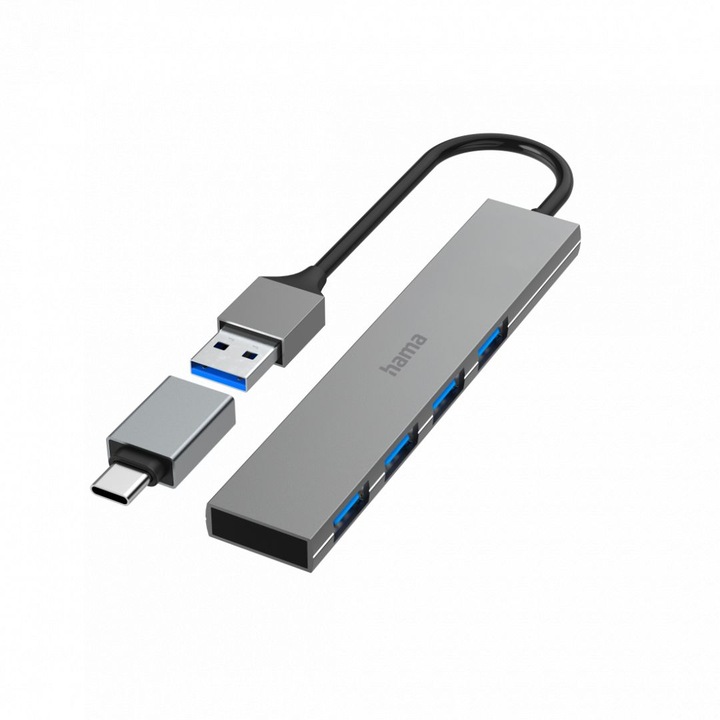 Hama USB 3.2 GEN1 PORT 5GB/s + USB TYPE-C OTG Сив, 213256, USB хъб