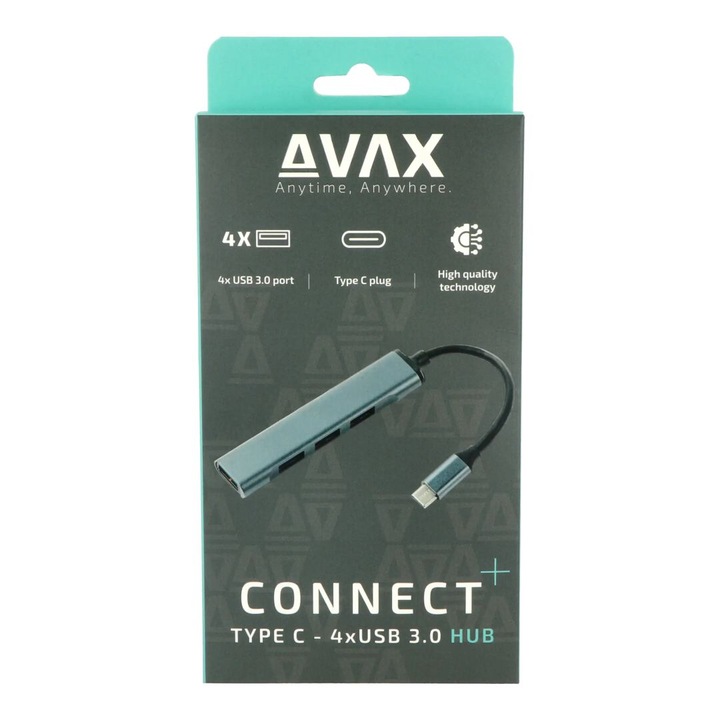 Hub USB AVAX HB601 CONNECT+, 4 Porturi USB 3.0, Negru