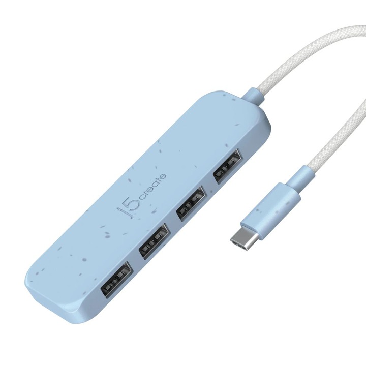 J5create Екологичен USB-C към 4-портов Type-A Gen 2 хъб, циан, 237389, USB хъб