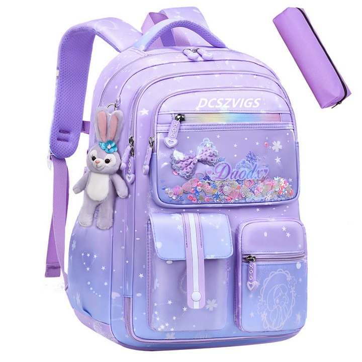 Iskolatáska, DCSZVIGS, Nagy kapacitású, Aranyos és édes kivitel masnival, 45 x 30 x 19 cm, Lila