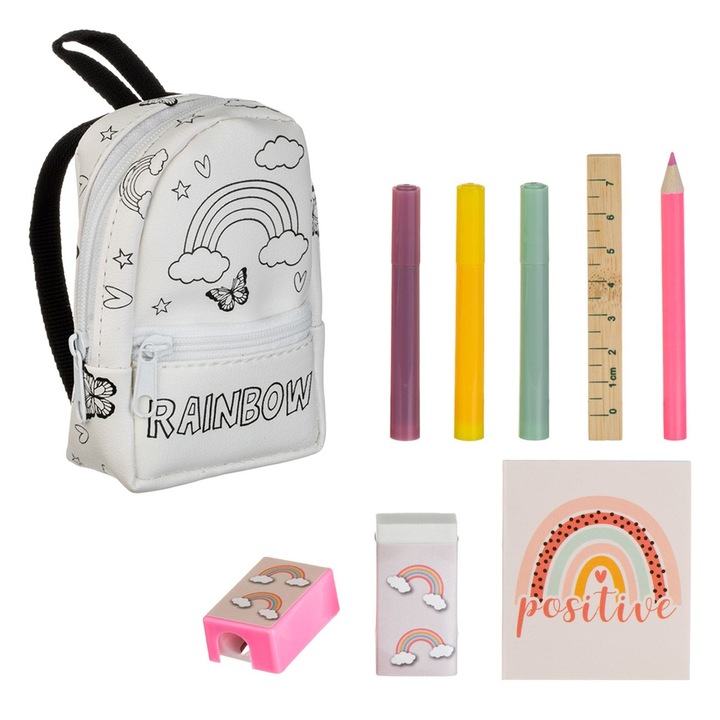 Iskolai szett, mini hátizsák, 8 részes, sokszínű, 7,5x3x10 cm