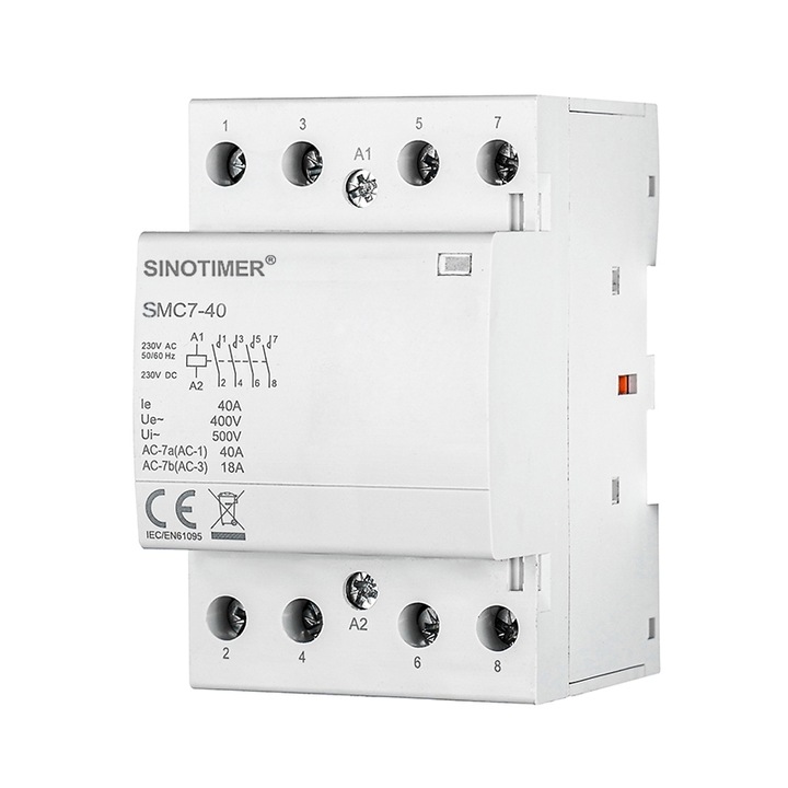 Contactor AC Sinotimer, 4 poli NO, 63A, tensiune bobina 220 V/230 V, montare pe sina DIN