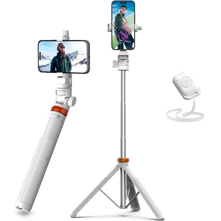 Trepied foto telescopic profesional Elindor®, pentru telefon/camera foto/GoPro, telecomanda bluetooth, functie selfie stick, ajustabil, Universal, Durabil si Usor, Alb/Portocaliu