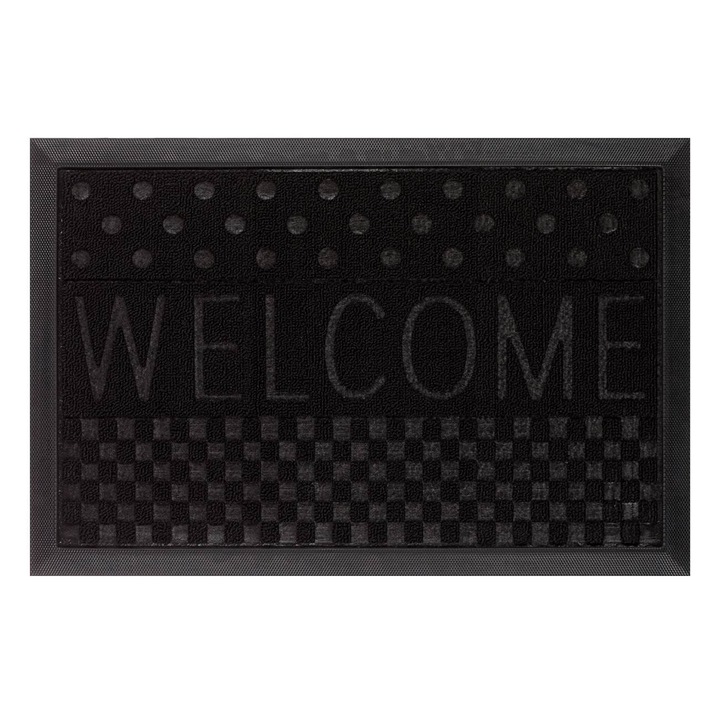 Lábtörlő, Fekete, Dombornyomott Welcome üzenet, 60x40cm, Gumi-Szőnyeg, MYONNA IT & E- COMMERCE ®
